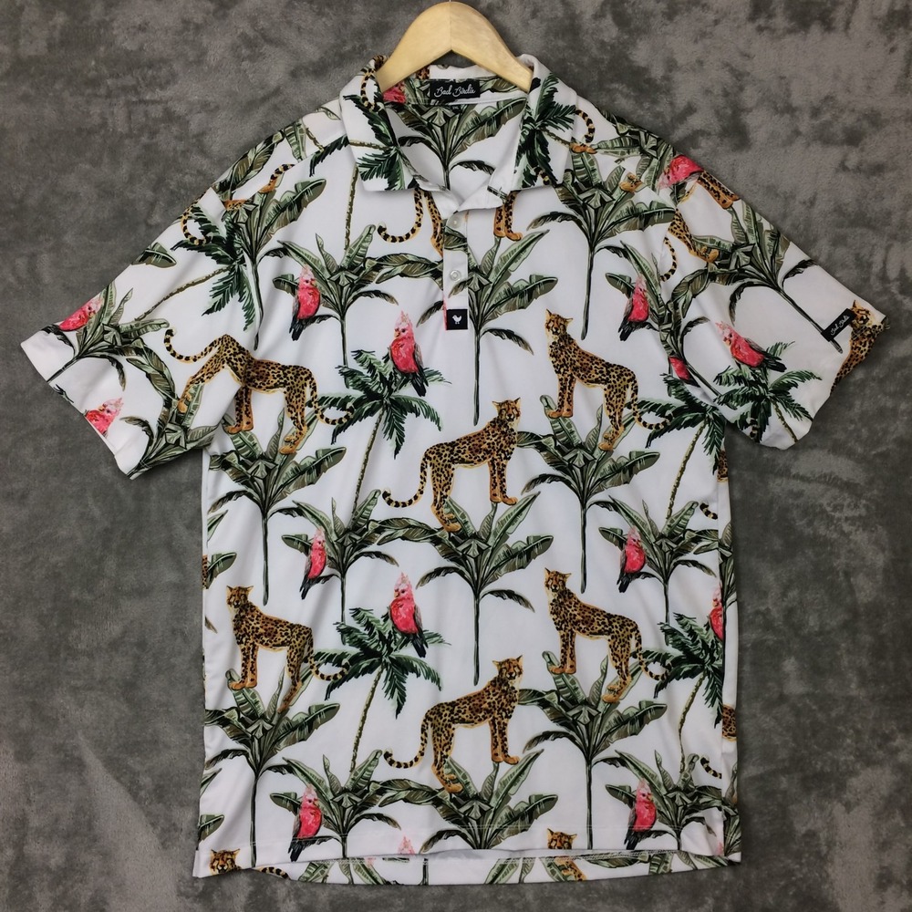 Bad Birdie Mens Polo Shirt 2XL Jungle Cheetah Tropical Print Golf Short Sleeve